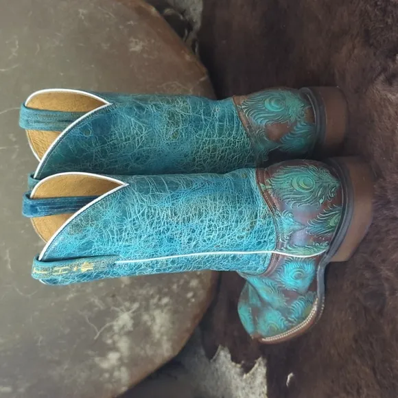 TIN HAUL &quot;Feather Plume&quot; Peacock Turquoise &amp; Brown cowgirl western boots sz 10