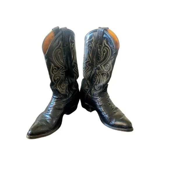 TONY LAMA Black Ostrich Leather Leg Cowgirl/Cowboy Boots 7.5 D Style 9011 USA