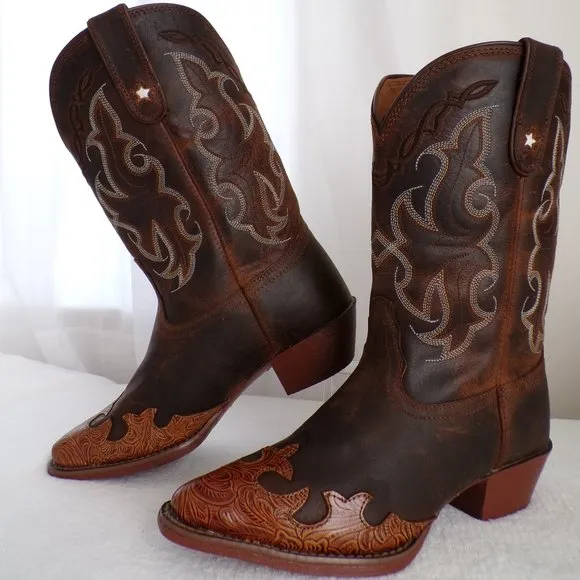 Tony Lama Embossed Leather Wingtip Big Kid Cowboy Boot, Fancy Snip Toe NIB