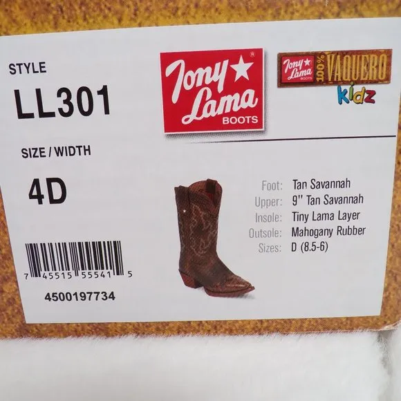 Tony Lama Embossed Leather Wingtip Big Kid Cowboy Boot, Fancy Snip Toe NIB