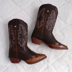Tony Lama Embossed Leather Wingtip Big Kid Cowboy Boot, Fancy Snip Toe NIB