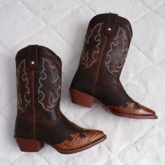 Tony Lama Embossed Leather Wingtip Big Kid Cowboy Boot, Fancy Snip Toe NIB