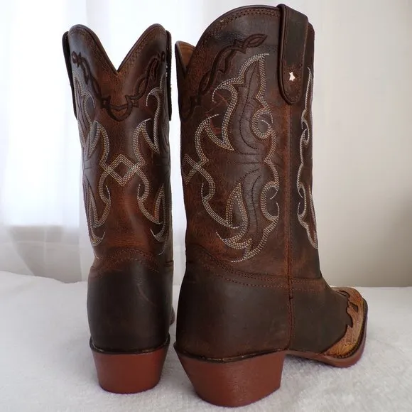 Tony Lama Embossed Leather Wingtip Big Kid Cowboy Boot, Fancy Snip Toe NIB