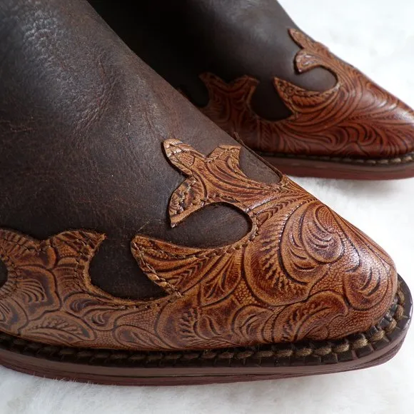 Tony Lama Embossed Leather Wingtip Big Kid Cowboy Boot, Fancy Snip Toe NIB