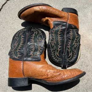 TONY LAMA Rare Vintage Black Brown Embroidered Ostrich Leather Cowboy Boots