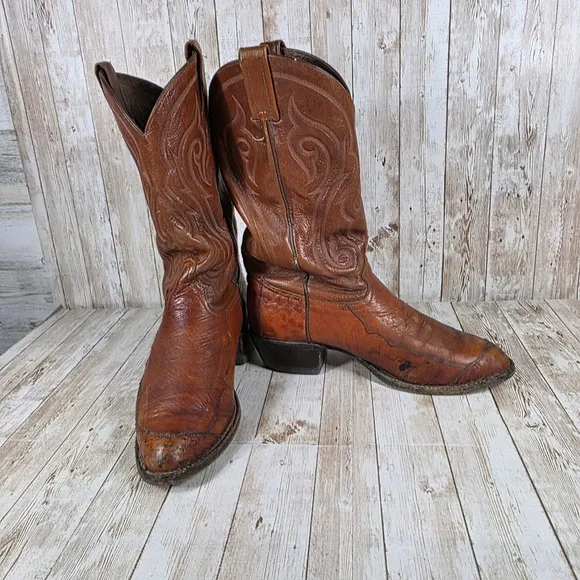Tony Lama Western Cowboy Boots Detailed Leather Design Brown Size 8.5 wide