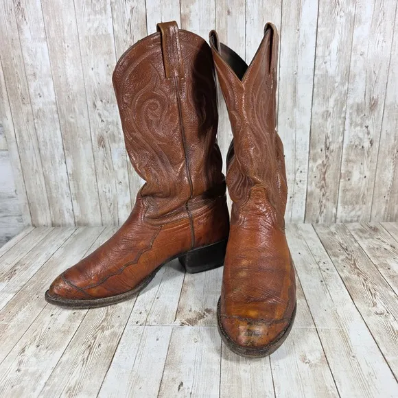 Tony Lama Western Cowboy Boots Detailed Leather Design Brown Size 8.5 wide