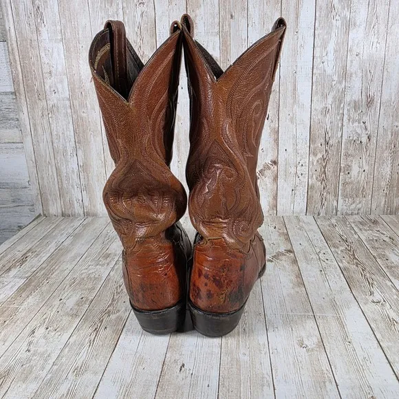 Tony Lama Western Cowboy Boots Detailed Leather Design Brown Size 8.5 wide