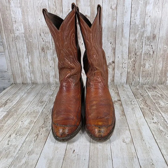 Tony Lama Western Cowboy Boots Detailed Leather Design Brown Size 8.5 wide