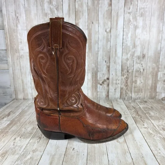 Tony Lama Western Cowboy Boots Detailed Leather Design Brown Size 8.5 wide