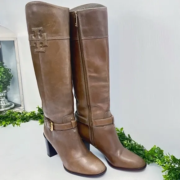 Tory Burch Logo Zip Up Knee HighBoots Brown Leather Buckle Sz 8