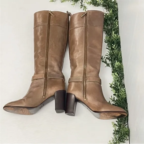 Tory Burch Logo Zip Up Knee HighBoots Brown Leather Buckle Sz 8