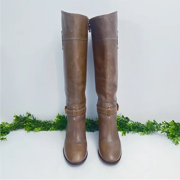 Tory Burch Logo Zip Up Knee HighBoots Brown Leather Buckle Sz 8
