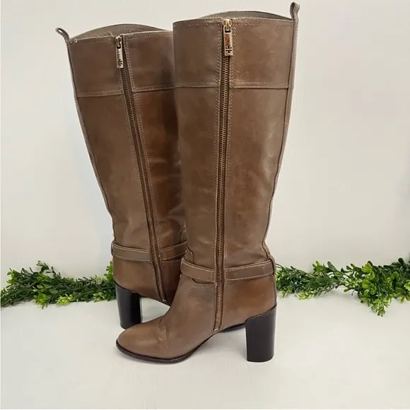 Tory Burch Logo Zip Up Knee HighBoots Brown Leather Buckle Sz 8