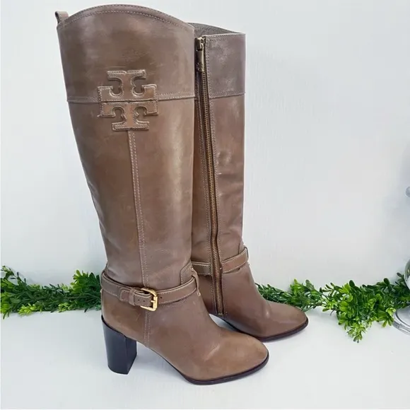 Tory Burch Logo Zip Up Knee HighBoots Brown Leather Buckle Sz 8