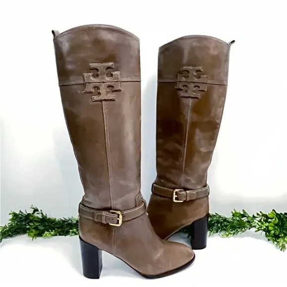 Tory Burch Logo Zip Up Knee HighBoots Brown Leather Buckle Sz 8