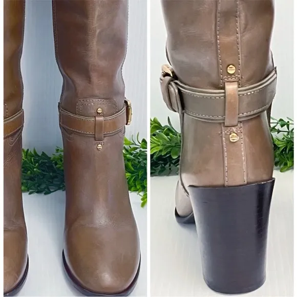 Tory Burch Logo Zip Up Knee HighBoots Brown Leather Buckle Sz 8