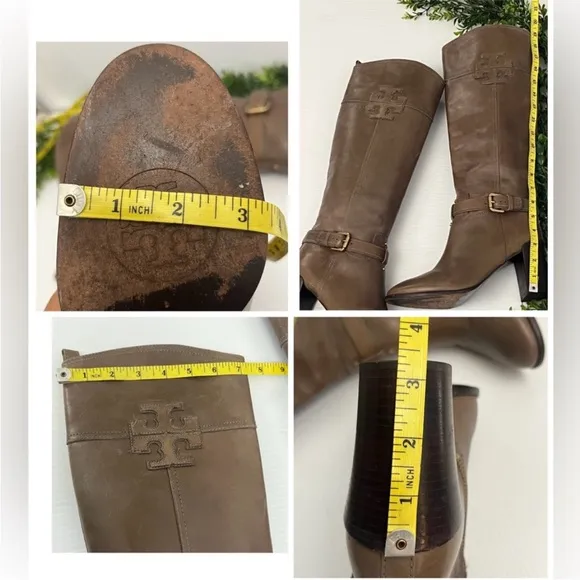 Tory Burch Logo Zip Up Knee HighBoots Brown Leather Buckle Sz 8