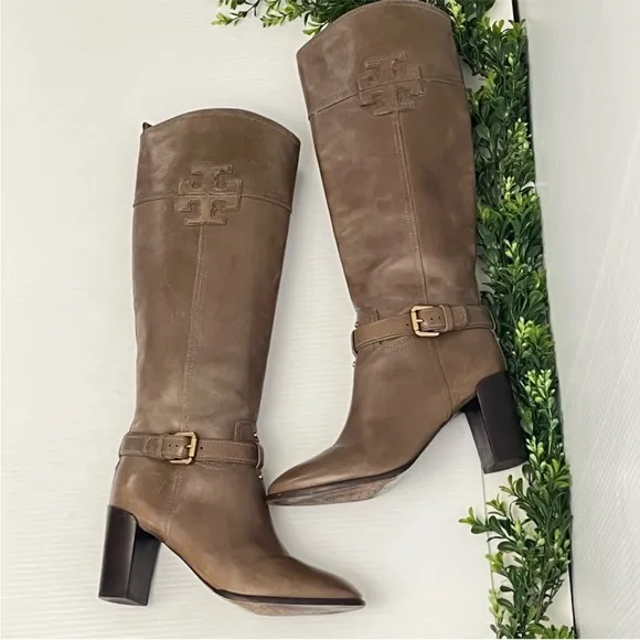 Tory Burch Logo Zip Up Knee HighBoots Brown Leather Buckle Sz 8