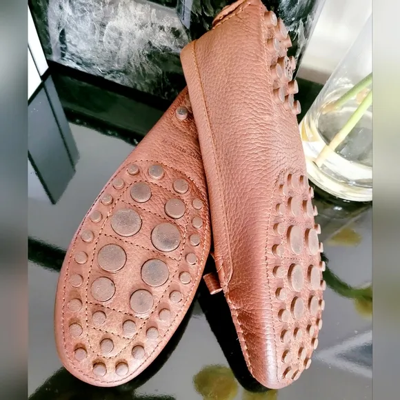 Tory Burch Ludlow Genuine Calf Tumbled Leather Driver Loafers Almond Brown US 7