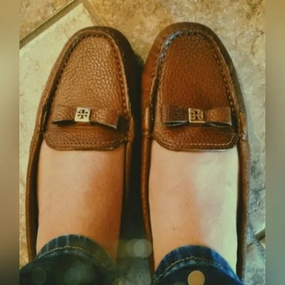 Tory Burch Ludlow Genuine Calf Tumbled Leather Driver Loafers Almond Brown US 7