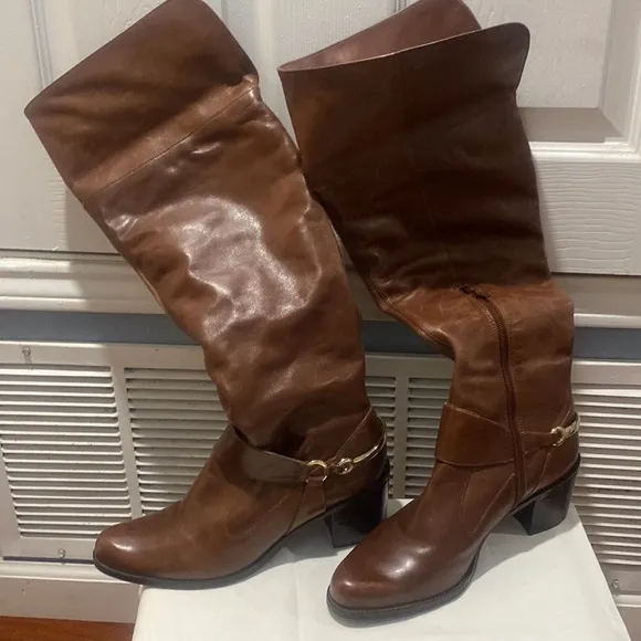 TRUTH OR DARE BY MADONNA SHOES, ERMINIDE OVER THE KNEE TAN LEATHER 8M
