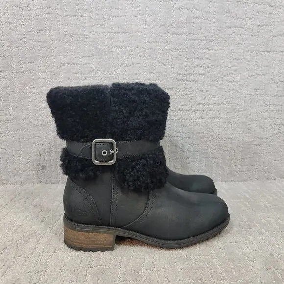 UGG Australia Blayre II Women's Size US 5 Black Leather Ankle Shearling Boots