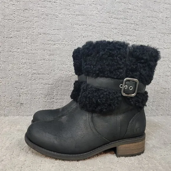 UGG Australia Blayre II Women's Size US 5 Black Leather Ankle Shearling Boots