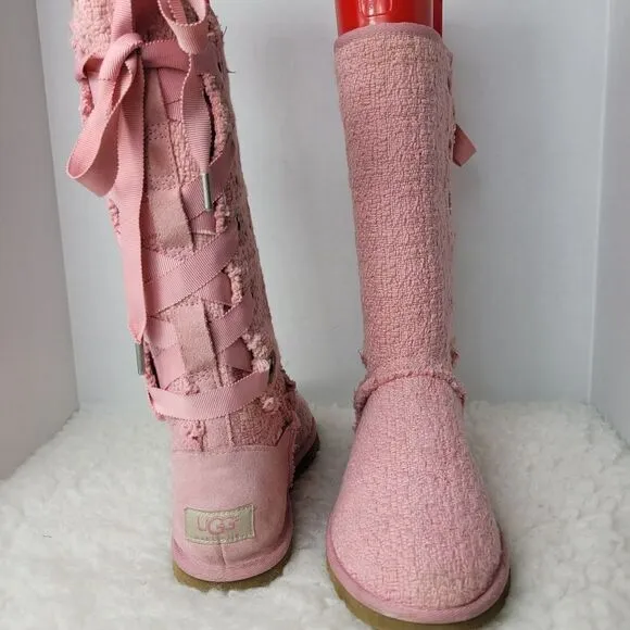 Ugg Australian Heirloom Women's Boots Size 8 Pink Canvas Lace Up Shoes