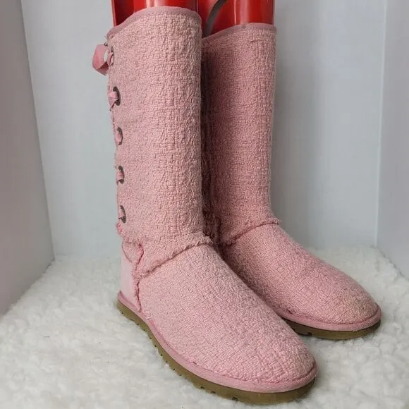 Ugg Australian Heirloom Women's Boots Size 8 Pink Canvas Lace Up Shoes
