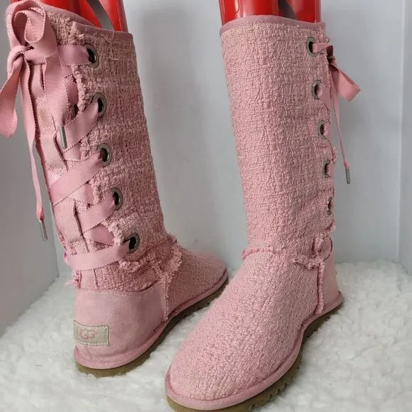Ugg Australian Heirloom Women's Boots Size 8 Pink Canvas Lace Up Shoes