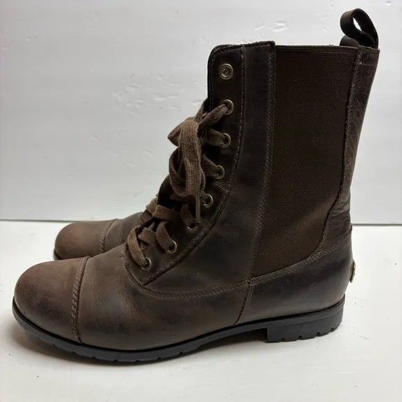 UGG Hazelwood Brown Leather Combat Moto Boots Lace-Up Design Sherpa Lined 8.5