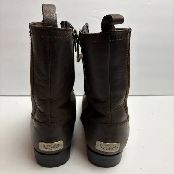 UGG Hazelwood Brown Leather Combat Moto Boots Lace-Up Design Sherpa Lined 8.5
