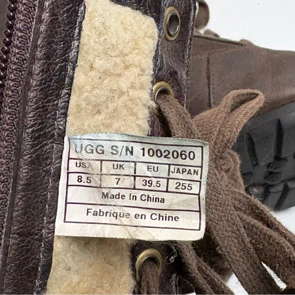 UGG Hazelwood Brown Leather Combat Moto Boots Lace-Up Design Sherpa Lined 8.5