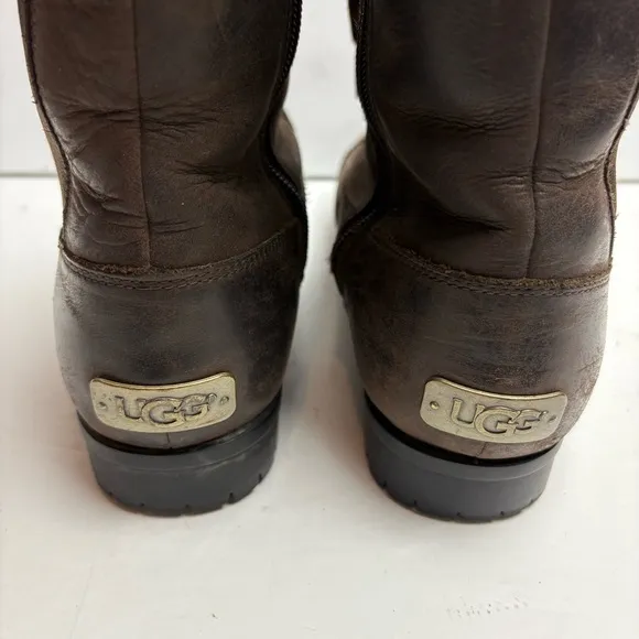 UGG Hazelwood Brown Leather Combat Moto Boots Lace-Up Design Sherpa Lined 8.5