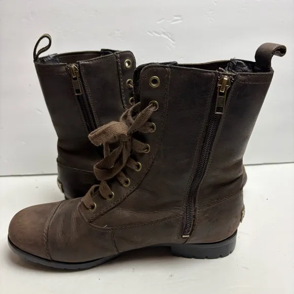 UGG Hazelwood Brown Leather Combat Moto Boots Lace-Up Design Sherpa Lined 8.5
