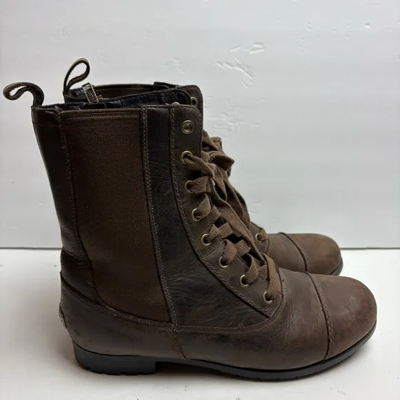 UGG Hazelwood Brown Leather Combat Moto Boots Lace-Up Design Sherpa Lined 8.5