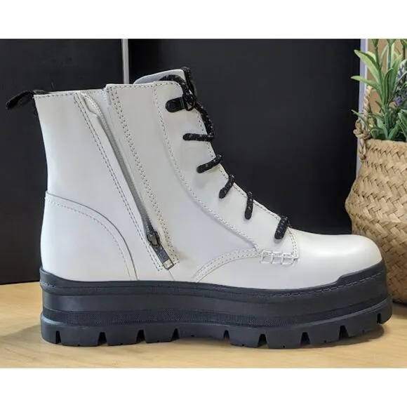 UGG White Sidnee Plush Lined Waterproof Leather Combat Boots Women's Size 9
