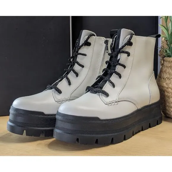 UGG White Sidnee Plush Lined Waterproof Leather Combat Boots Women's Size 9