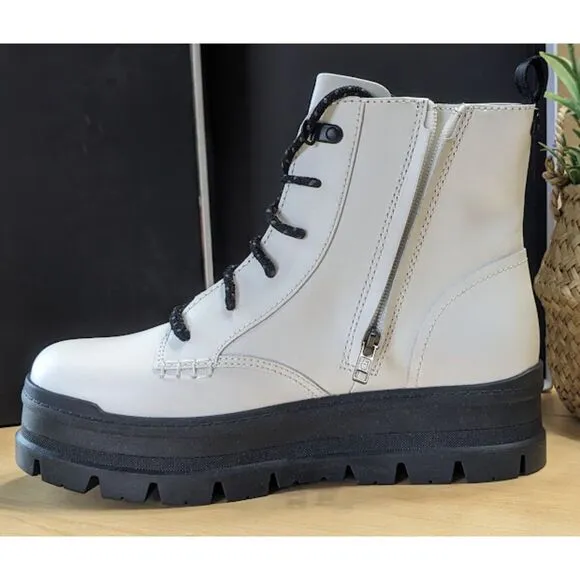 UGG White Sidnee Plush Lined Waterproof Leather Combat Boots Women's Size 9