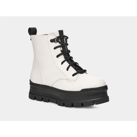 UGG White Sidnee Plush Lined Waterproof Leather Combat Boots Women's Size 9