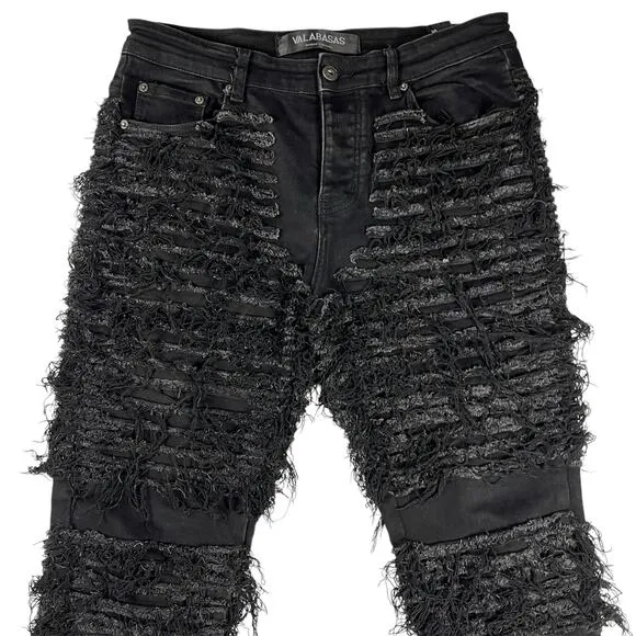 Valabasas Fury Black Stacked Distressed Flare Jeans Streetwear Grunge Size 34x36