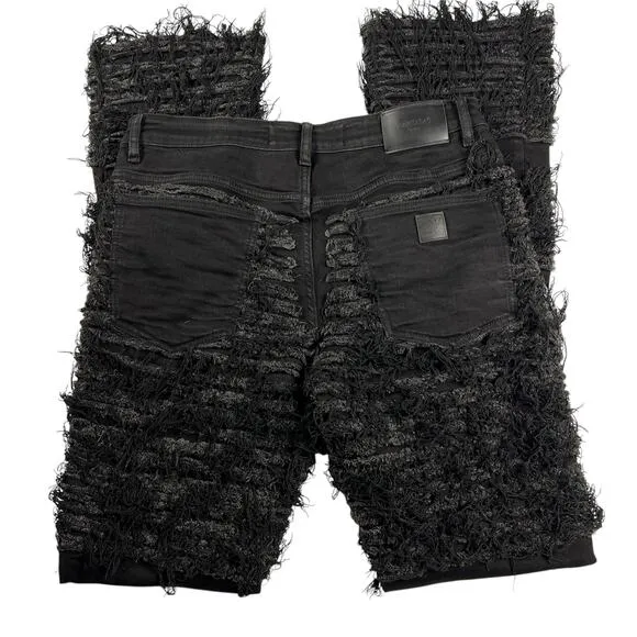 Valabasas Fury Black Stacked Distressed Flare Jeans Streetwear Grunge Size 34x36