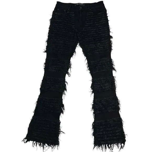 Valabasas Fury Black Stacked Distressed Flare Jeans Streetwear Grunge Size 34x36