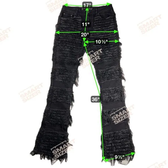Valabasas Fury Black Stacked Distressed Flare Jeans Streetwear Grunge Size 34x36
