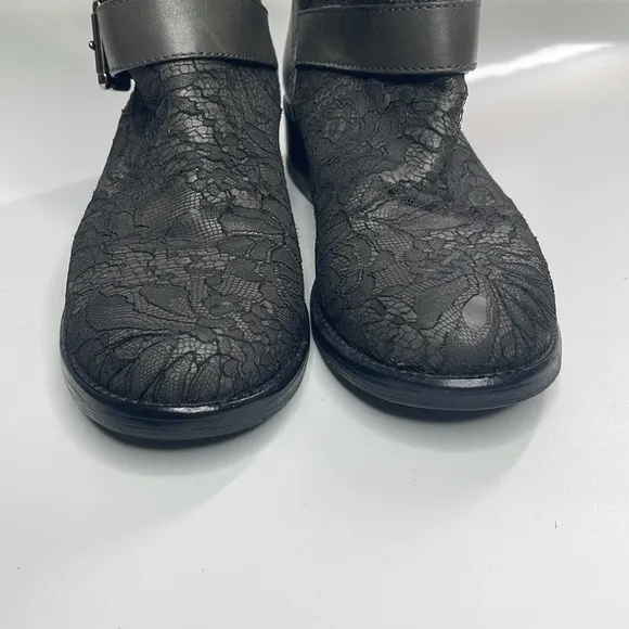 Valentino Moto Boots Dark Gray Floral Lace Over Leather Buckle Strap 38.5 US 8.5