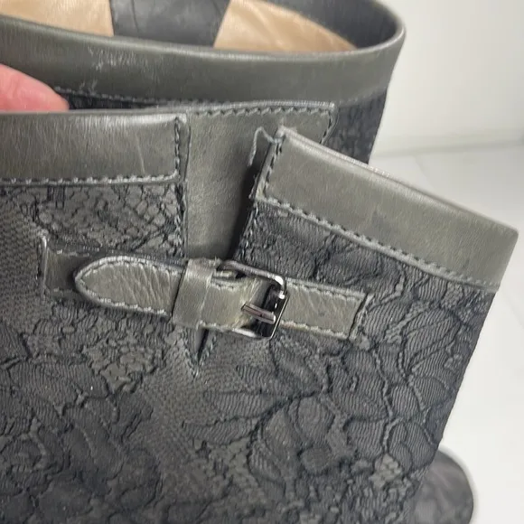 Valentino Moto Boots Dark Gray Floral Lace Over Leather Buckle Strap 38.5 US 8.5