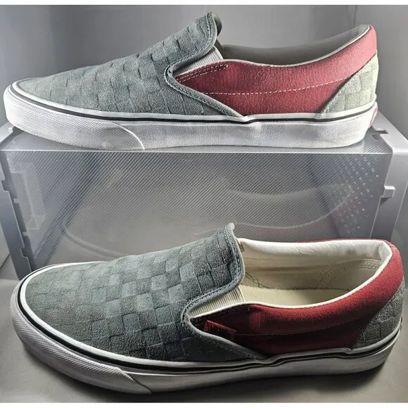 Vans Classic Slip On (Deboss Checkerboard) Grey Red Womens Casual Shoes