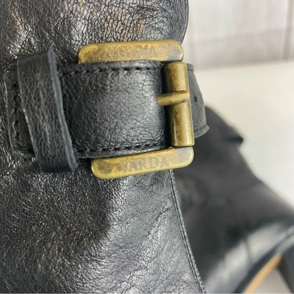 Varda Italian Black Lambskin Genuine Leather Heeled Boots with Bronze Buckle 6