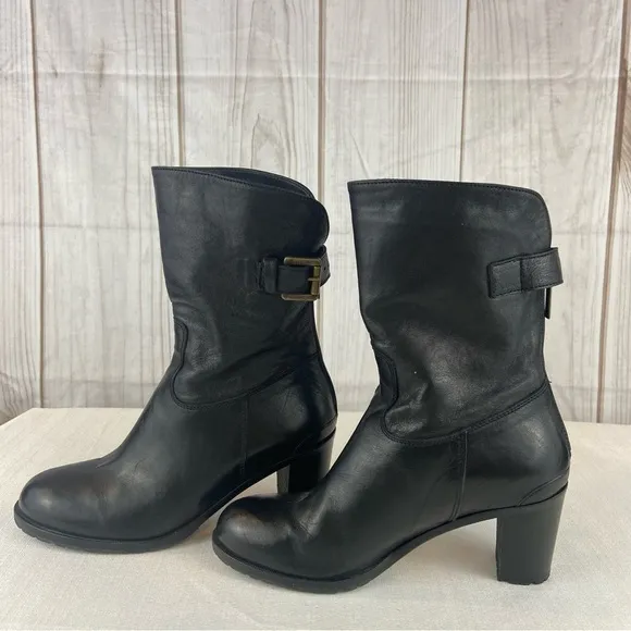 Varda Italian Black Lambskin Genuine Leather Heeled Boots with Bronze Buckle 6